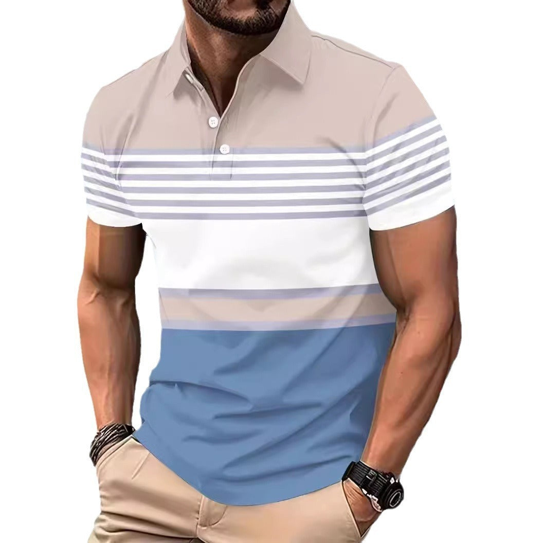 Lapel Button Striped Colorblock All-matching T-shirt