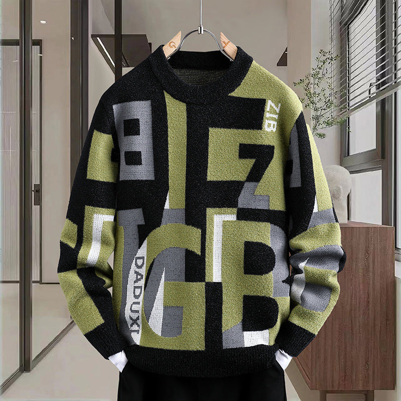 Men's Letter Jacquard Round Neck Loose Casual Sweater