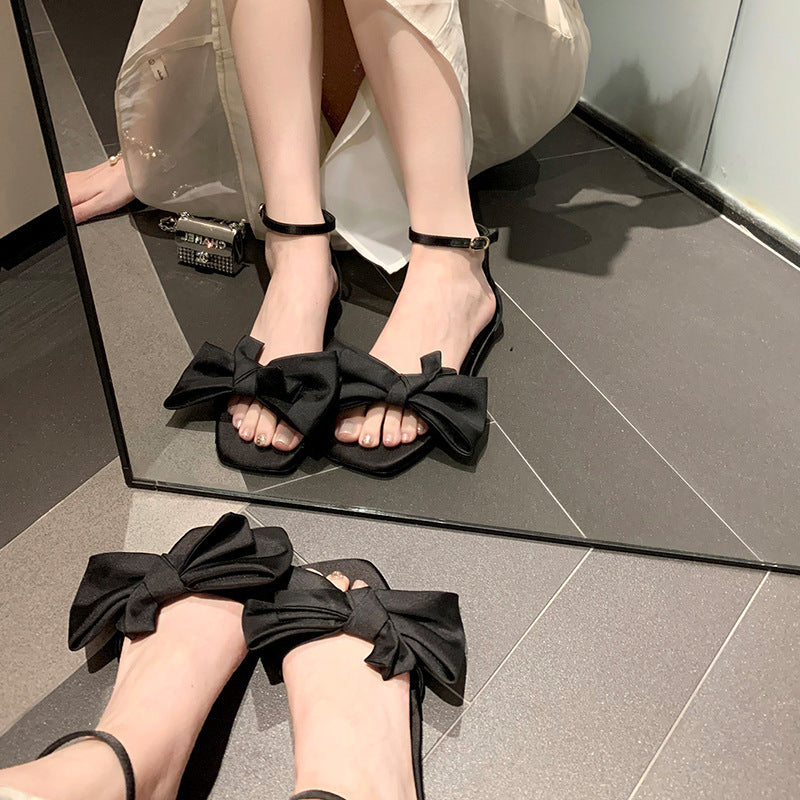 French Style Bow Strap Elegant Graceful Open Toe Stilettos Pumps