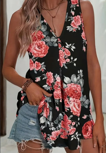 Floral Print V Neck Tank Top, Elegant Sleeveless Top For Spring & Summer, Women's Clothing