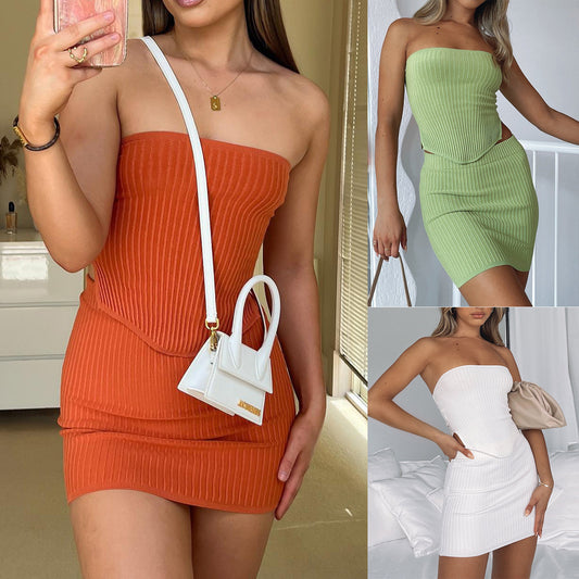 Knitted Irregular Tube Top Package Hip Skirt Outfit