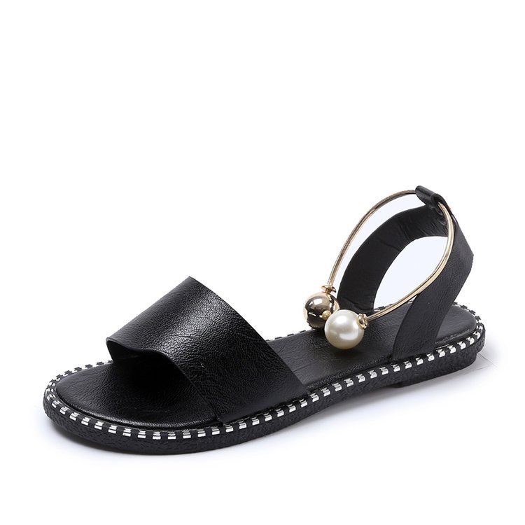 Women Summer Open Toed Simple Flat Roman Style Sandals Pearl Buckle Girl Student Shoes