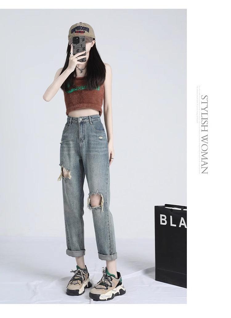 Ripped Daddy Jeans For Women Spring And Autumn 2024 New High Waist Loose Small