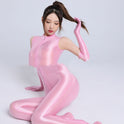 Glossy Silky Double-ended Zipper Over Crotch Bag Feet Sleeveless Jumpsuit