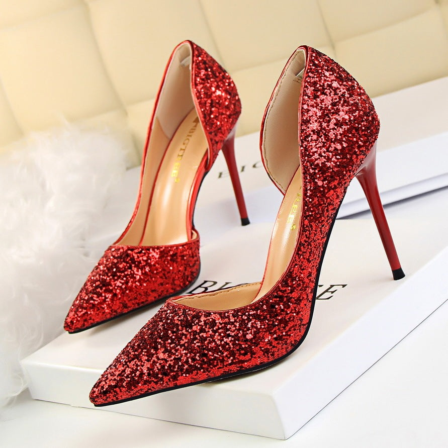 Skinny Women's Shoes Stiletto Heel Shallow Mouth Pointed Side Hollow-out Sequin