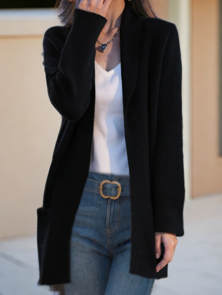 New Polo Collar Solid Color Long-sleeved Knitted Cardigan Loose Pockets Sweater Coat For Women