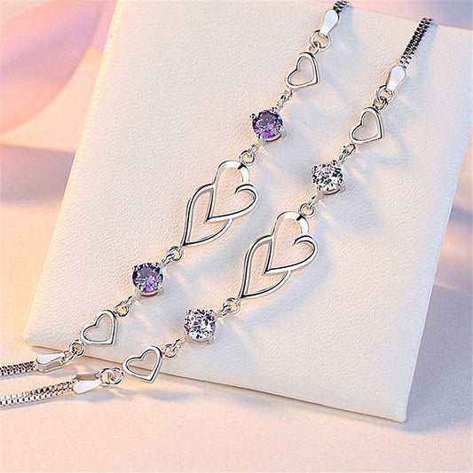 White Copper Silver-plated Heart-shaped Bracelet Heart-to-heart Diamond