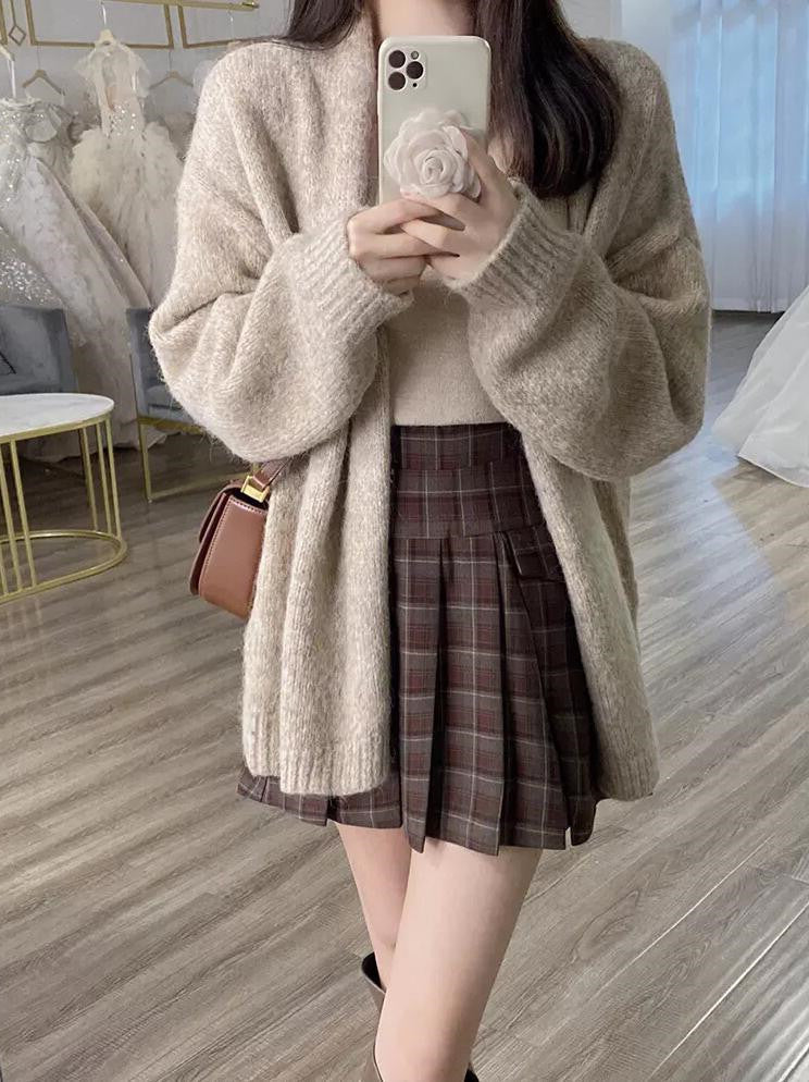 Ladies Lazy Knitted Cardigan Coat Plaid