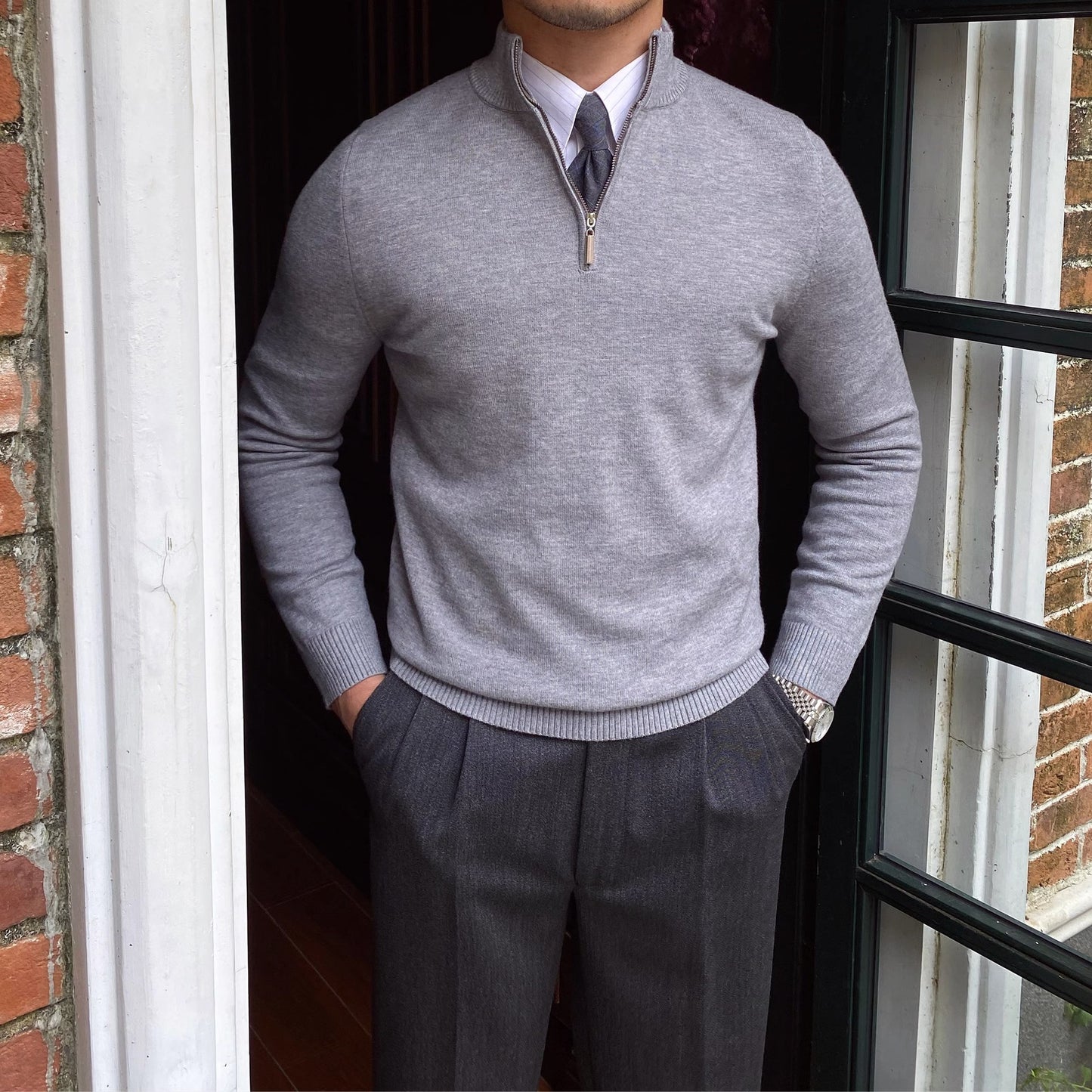 Men's Stand Collar Zipper Knitted Long Sleeve Sweater