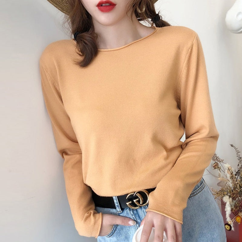 Women's Fashion V-neck Knit Thin Long-sleeved Top T-shirt