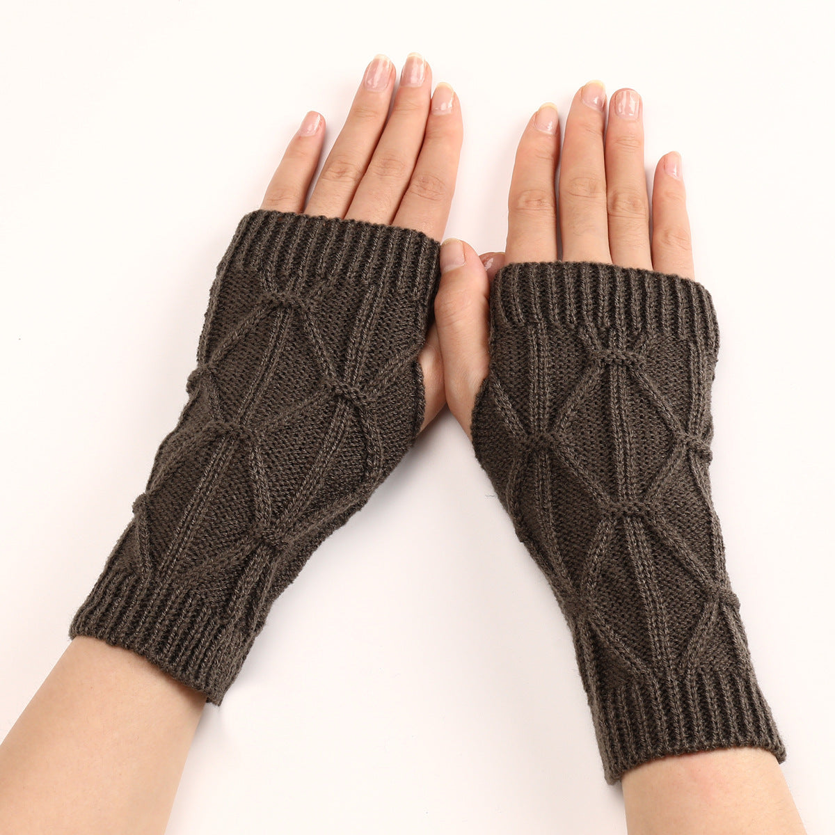 Rhombus Fashion Oversleeve Knitted Wool Keep Warm Half Finger Gloves