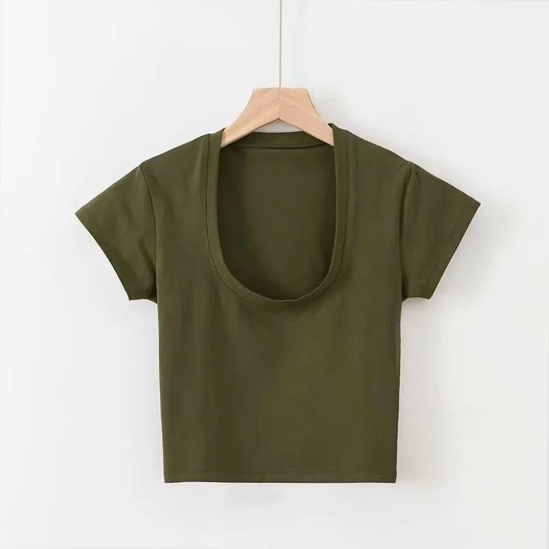 Summer Solid Color Slim-fit Sexy Women's Short Sleeve U-neck T-shirt Basic Korean Style Short Top