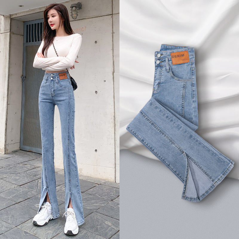 High Waist Straight All-matching Stretch Split Skinny Jeans