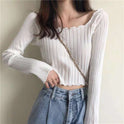 Black Wooden Ear Side Word Shoulder Knitted Thin Long-sleeved T-shirt Women's Summer Short Top