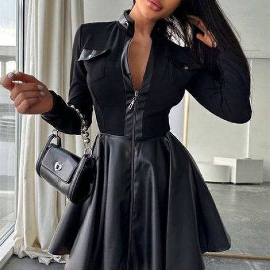 Women's Leather Stitching Long Sleeve Dress