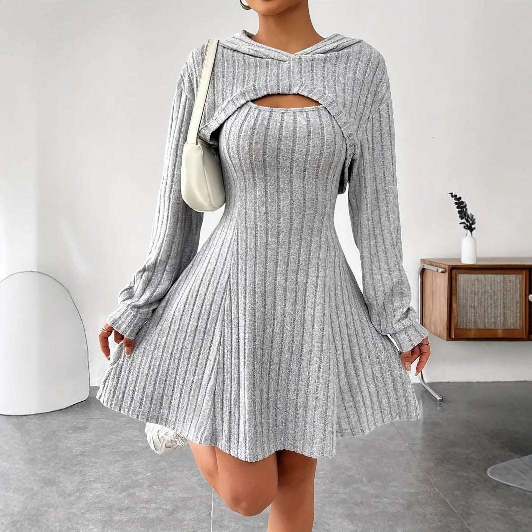 New Fashion Fall Winter Hooded Shawl Long-sleeved Vest Short Skirt Two-piece Set