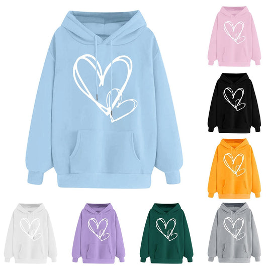 Women's Long-sleeved Hooded Heart Printing Couple's Shirts