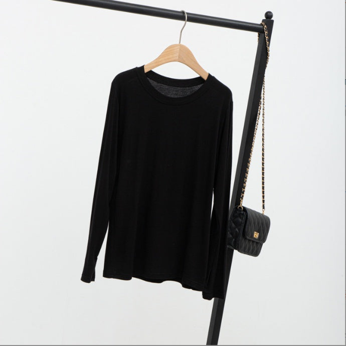 Loose Modal Comfortable Casual Solid Color Round Neck Long Sleeve T-Shirt Women