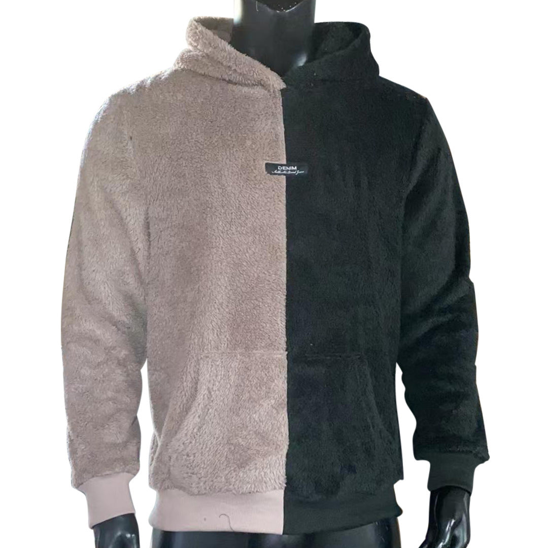 New Splicing Solid Color Hooded Plush Casual Sweater Men's Top