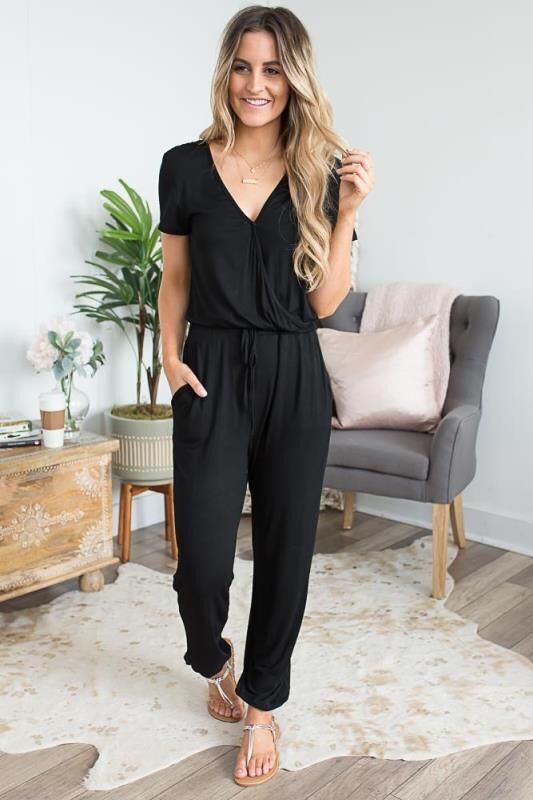 Women's Elastic Waist Drawstring Pocket Straight Leg Jumpsuit