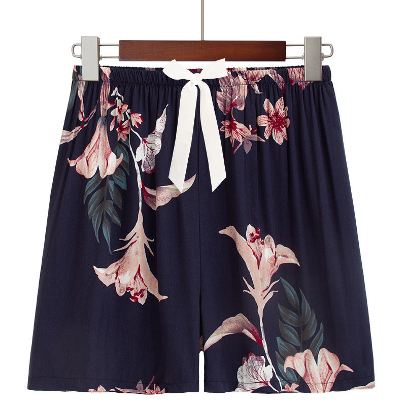 Plus Size Home Printed Bow Cotton Silk Shorts