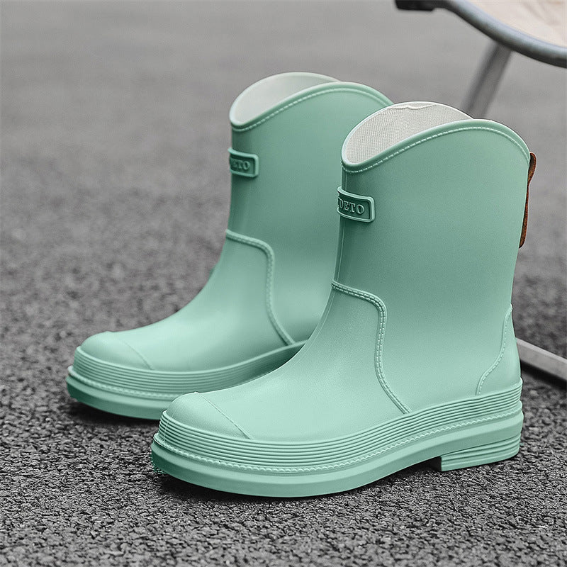 Fashionable All-match Women's Mid-calf Contrast Color Waterproof Shoes Rubber Boots