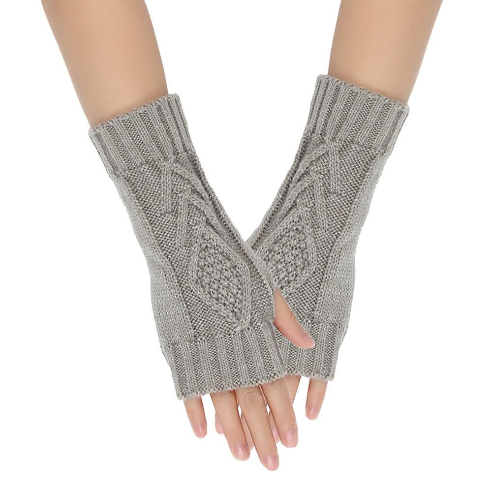 Shiny Silver Silk Knitting Wool Gloves Diamond-shaped Missing Finger