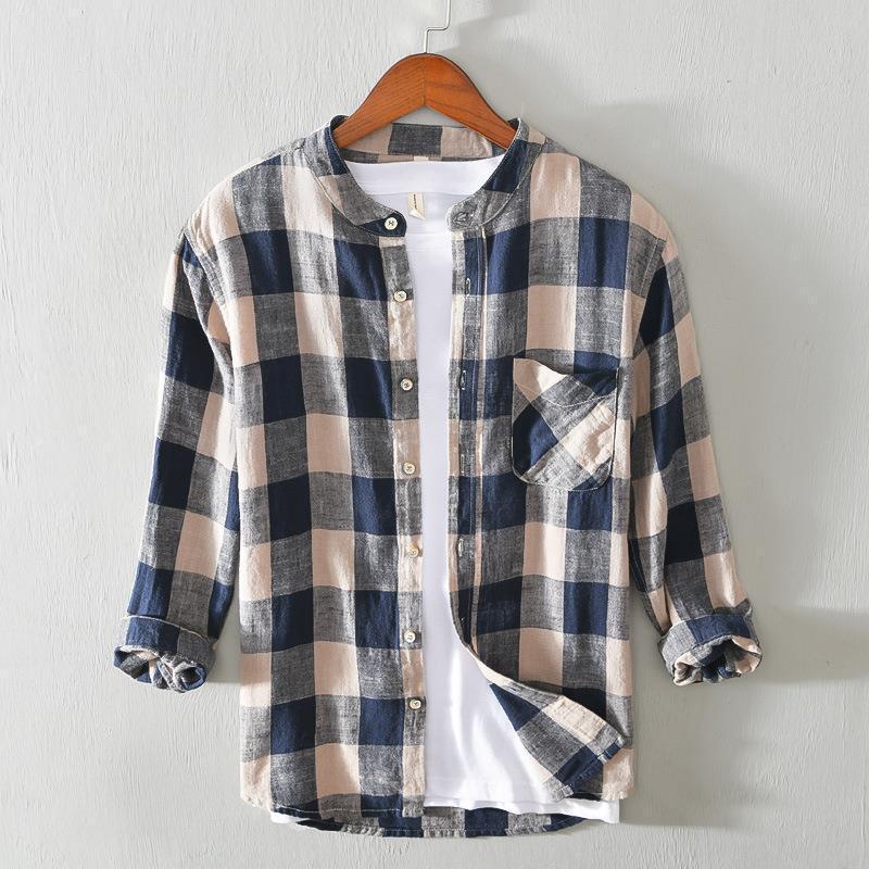 Casual 34 Sleeve Plaid Shirt Coat Male