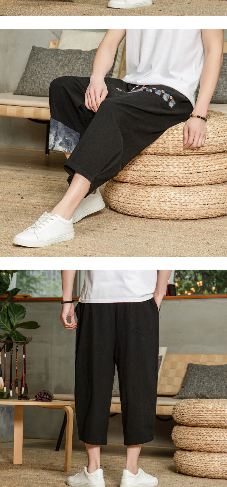 Non-stretch Thin Mid-waist Cropped Linen Casual Pants Men's Color Matching