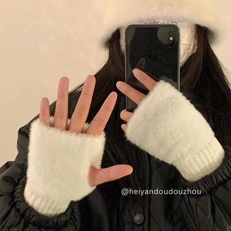 Korean Style Half Finger Flip Autumn And Winter Thermal Knitting Gloves