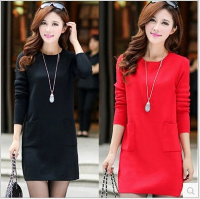 Plush Women's Solid Color Bottoming Shirt Round Neck Mid-length Dress