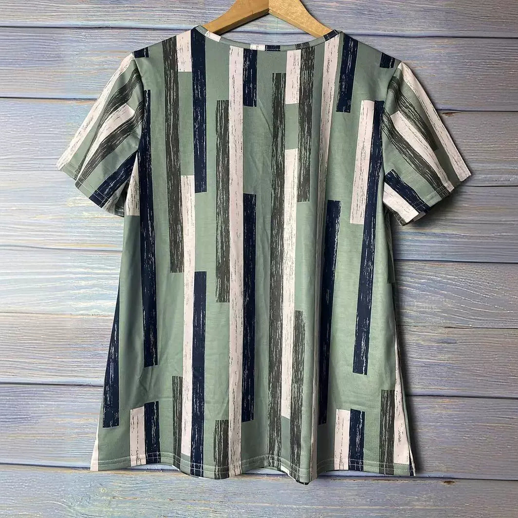 Women's Striped 3D Printed V-neck Casual And Comfortable Short Sleeve