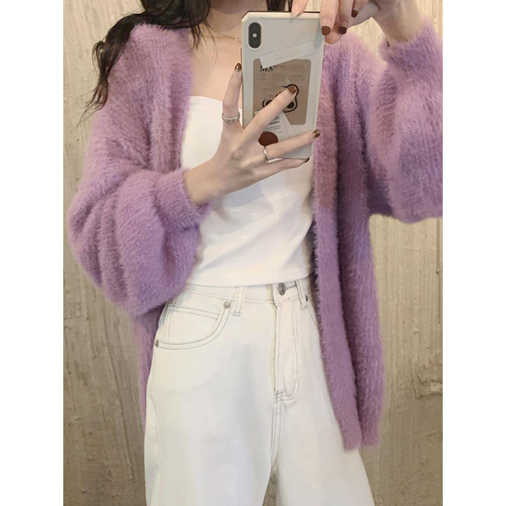 Spring And Autumn Mink-like Wool White Knitted Fabric Cardigan For Women