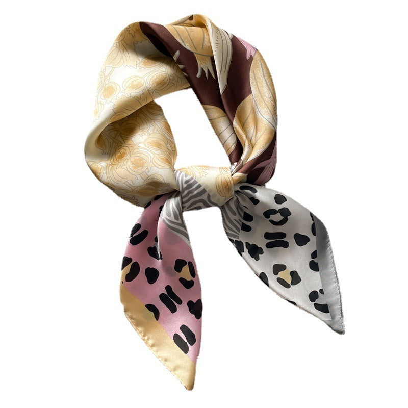 Leopard Print Pomegranate Color-blocking Flower Silk Artificial Silk Women's Square Scarf