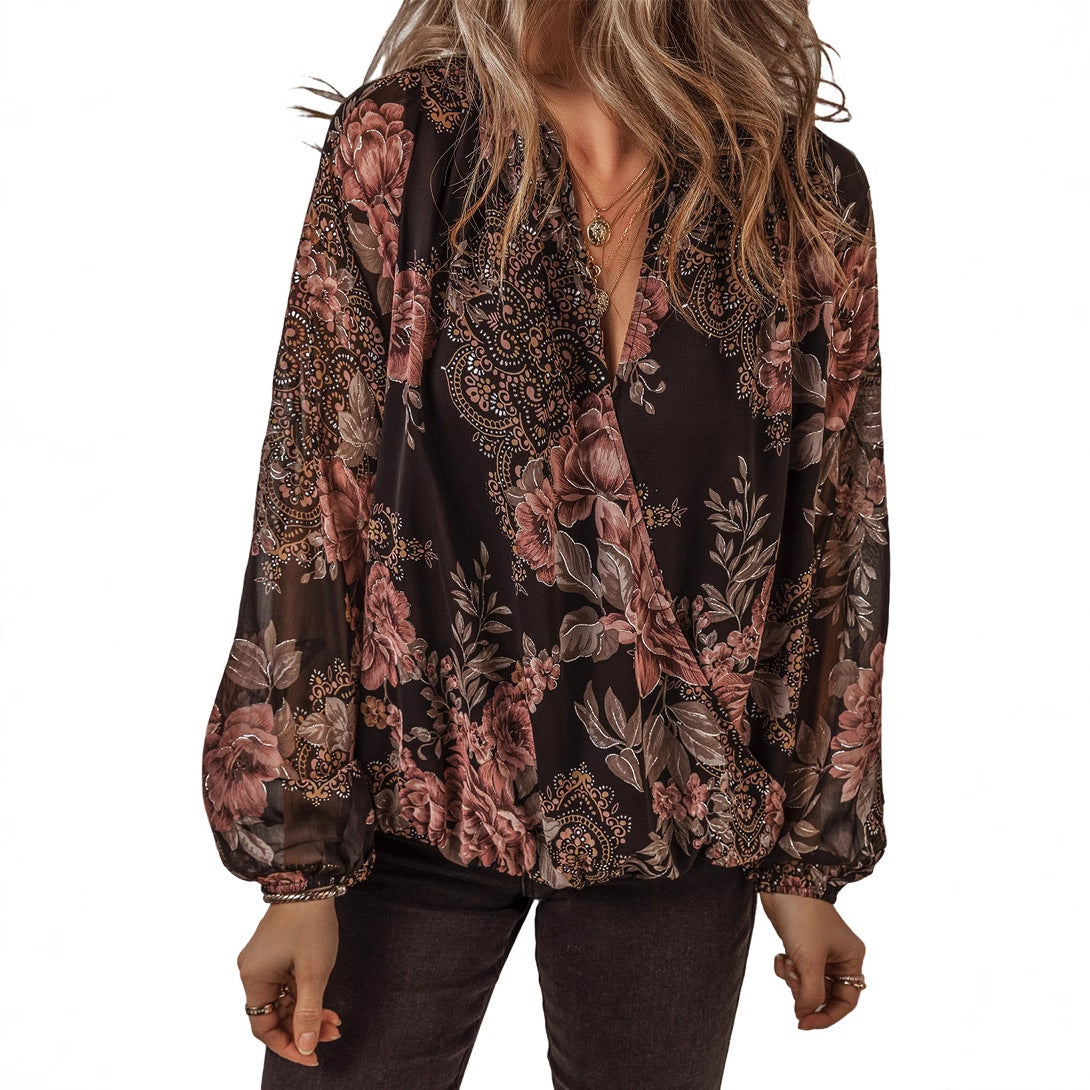 V-neck Long Sleeve Top Floral Print Women's Chiffon Shirt Women