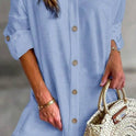 Women'S Simple Button-Down Casual Long Sleeved Shirt Dress Relaxing Resort Style Adjust Sleeve Length Shirt Dress