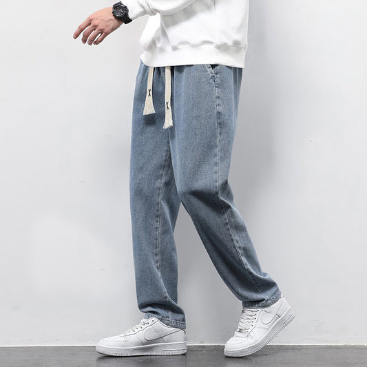 Summer Loose Wide Leg Jeans Pants Men Fashion Drawstring Elasticated Straight Trousers