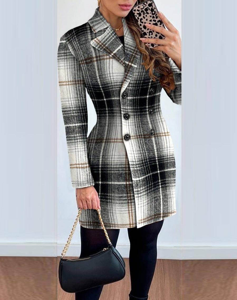 Women's Long-sleeved Double-breasted Suit Collar Printed Coat