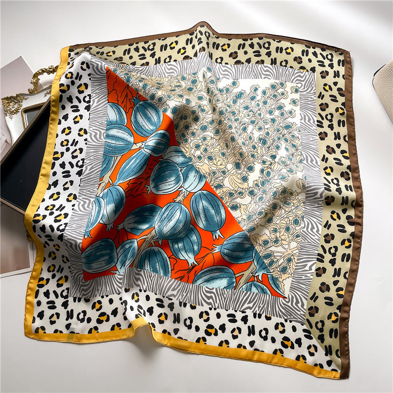 Leopard Print Pomegranate Color-blocking Flower Silk Artificial Silk Women's Square Scarf