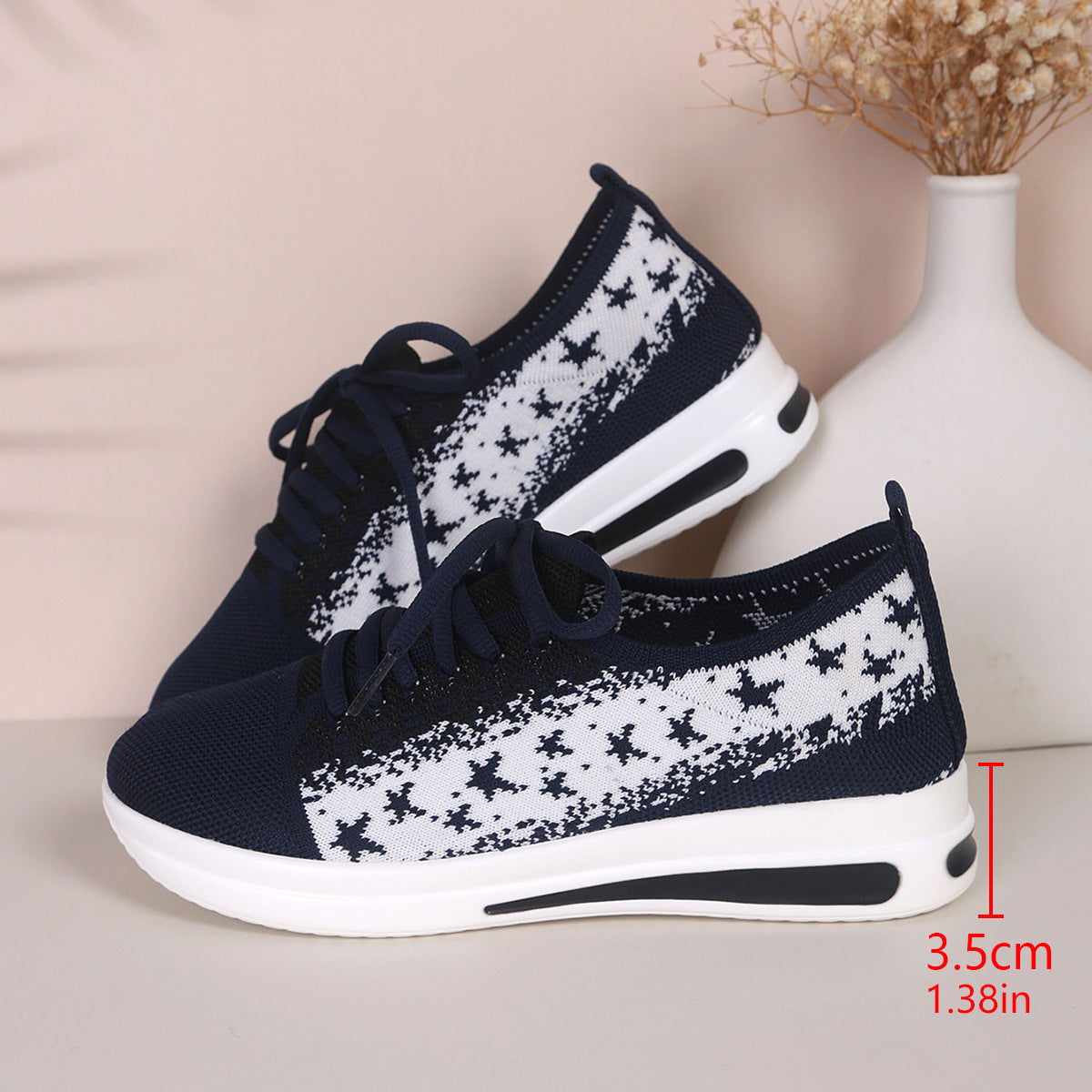 Fashion Lace-up Mesh Sneakers With Stars-printed Design Casual Thick Bottom Round Toe Flat Shoes For Women Non-slip Running Walking Sports Shoes