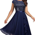 Women's Round Neck Sequins Chiffon Stitching Evening Dress