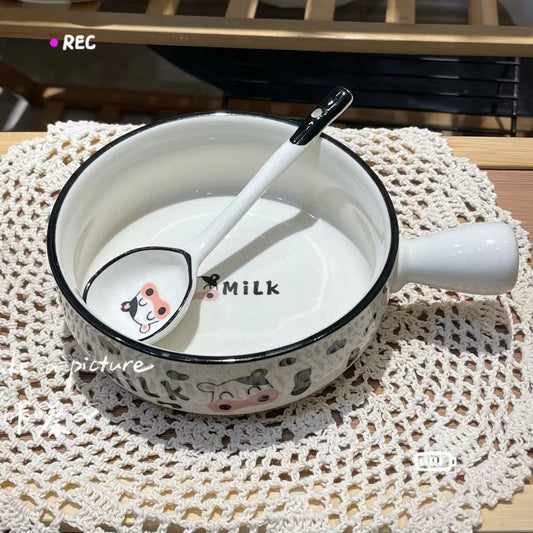 Cute Ceramic Bowl Cow Handle Bowl Long Handle Spoon