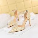 Low-cut Hollow One-word With Pointed Toe Rhinestone Pearl Flower Sandals High Heels