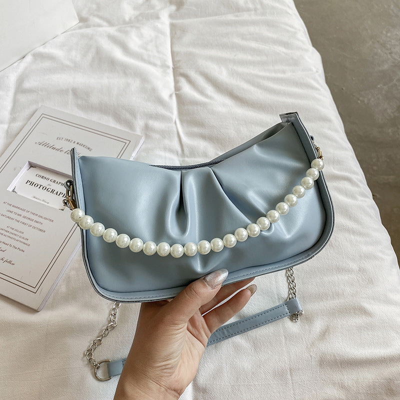 Pleated Solid Color Pearl Chain Underarm Bag