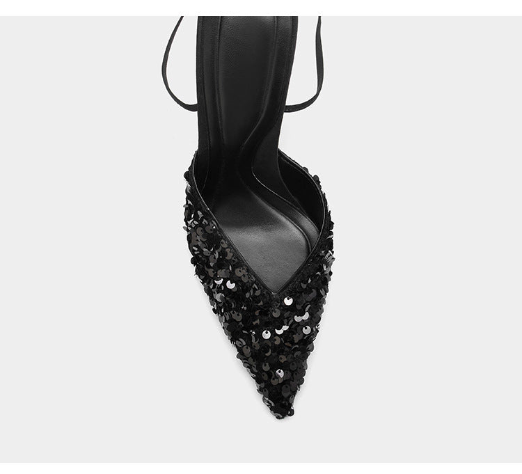 Black Sequined Stiletto  Strap Toe Pointed  Strappy Toe Shoes