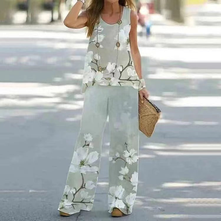 Women's Fashion Printed Casual Vest Trousers Two-piece Suit