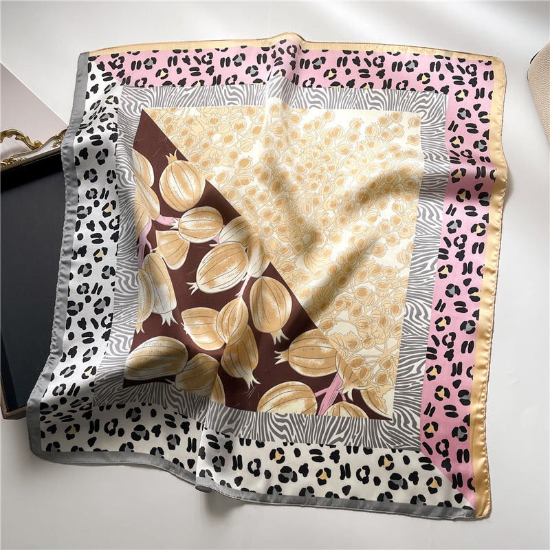 Leopard Print Pomegranate Color-blocking Flower Silk Artificial Silk Women's Square Scarf