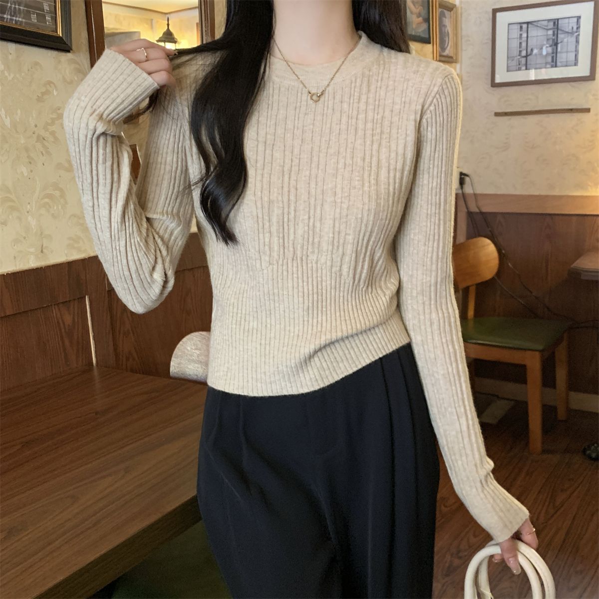 Korean Style Sunken Stripe Round Neck Long Sleeve Sweater