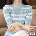 Color Matching Hollow Out Half Sleeve Loose Striped Top