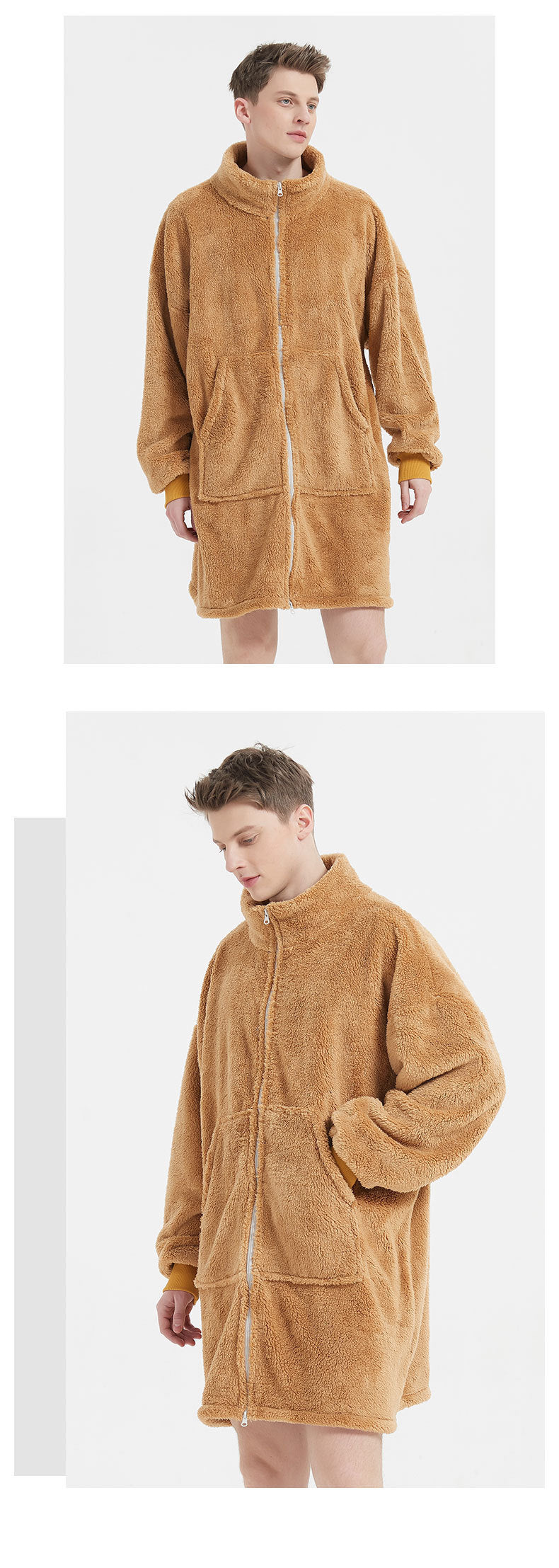 Men's Camel Fleece Zipper Cardigan Nightgown